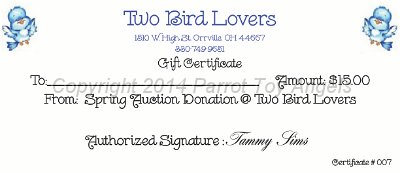 Raffle Donation Gift Cert 007.jpg - Two Bird Lovers $15 Gift Certificate